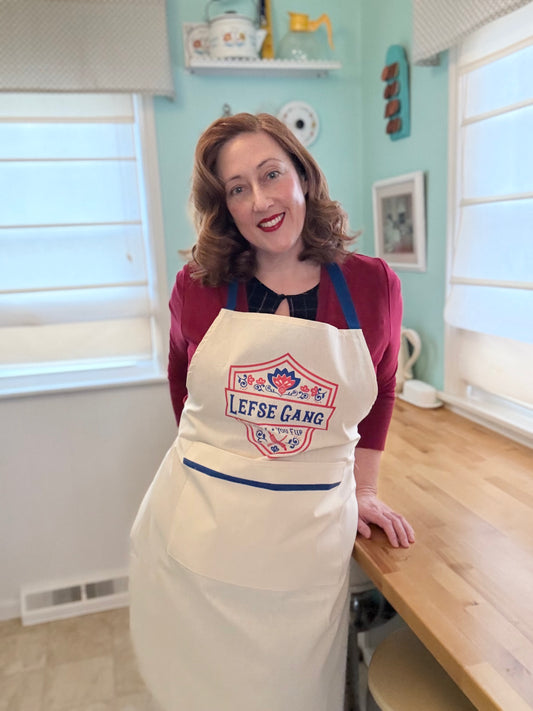 Apron - New Lefse Gang Blue and Red on Natural Flour Sack Cotton Apron with Pocket