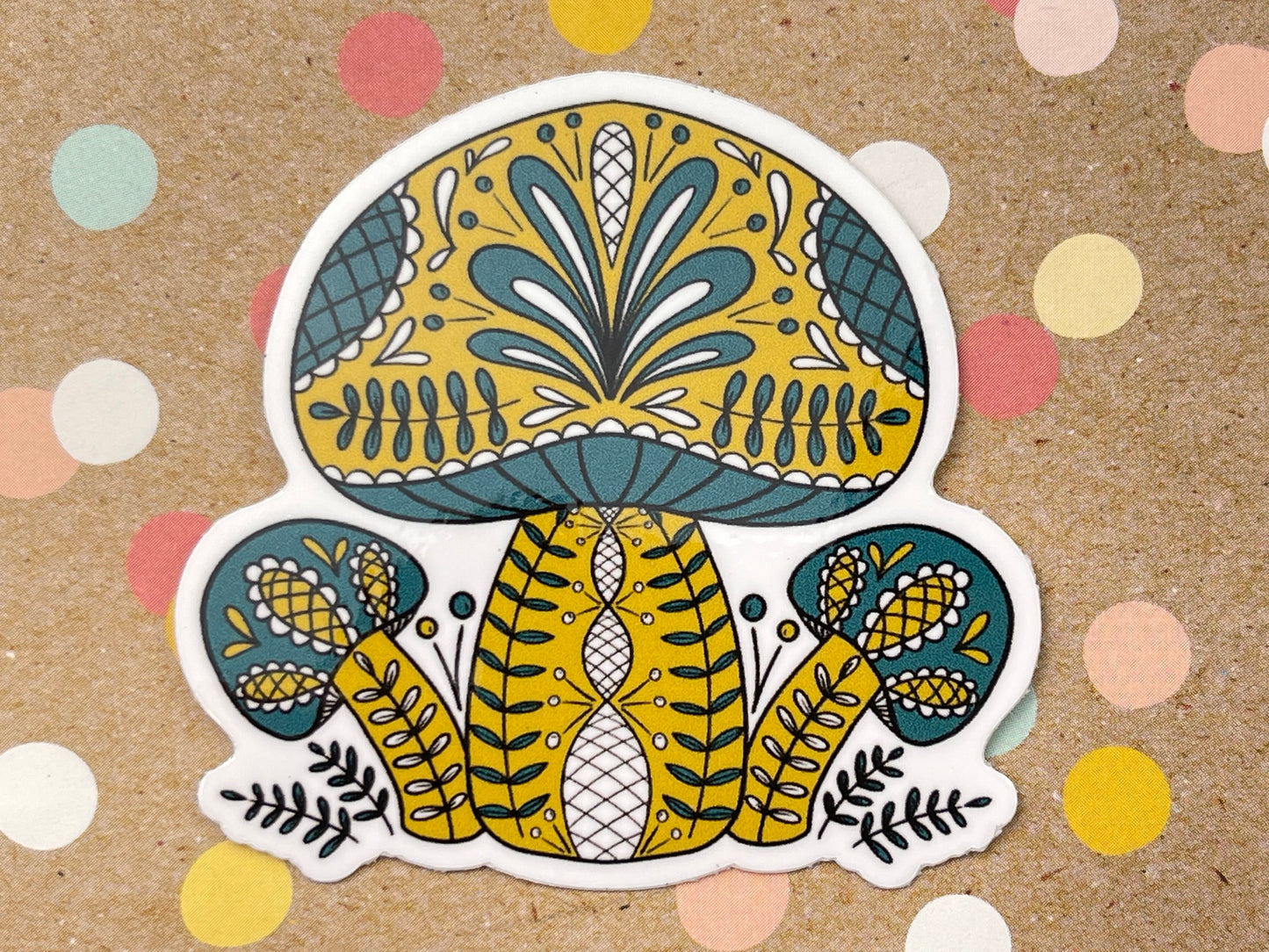 Scandi Folk Art Mustard & Teal Mushrooms Sticker