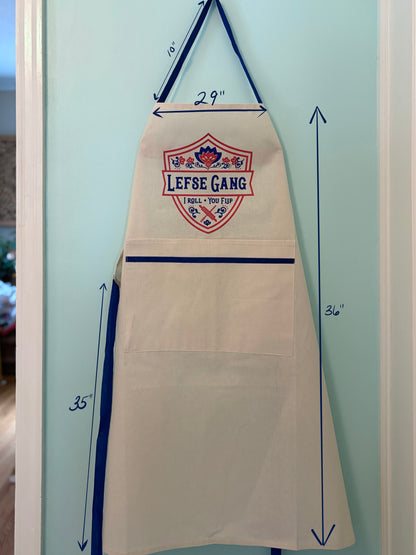 Apron - New Lefse Gang Blue and Red on Natural Flour Sack Cotton Apron with Pocket