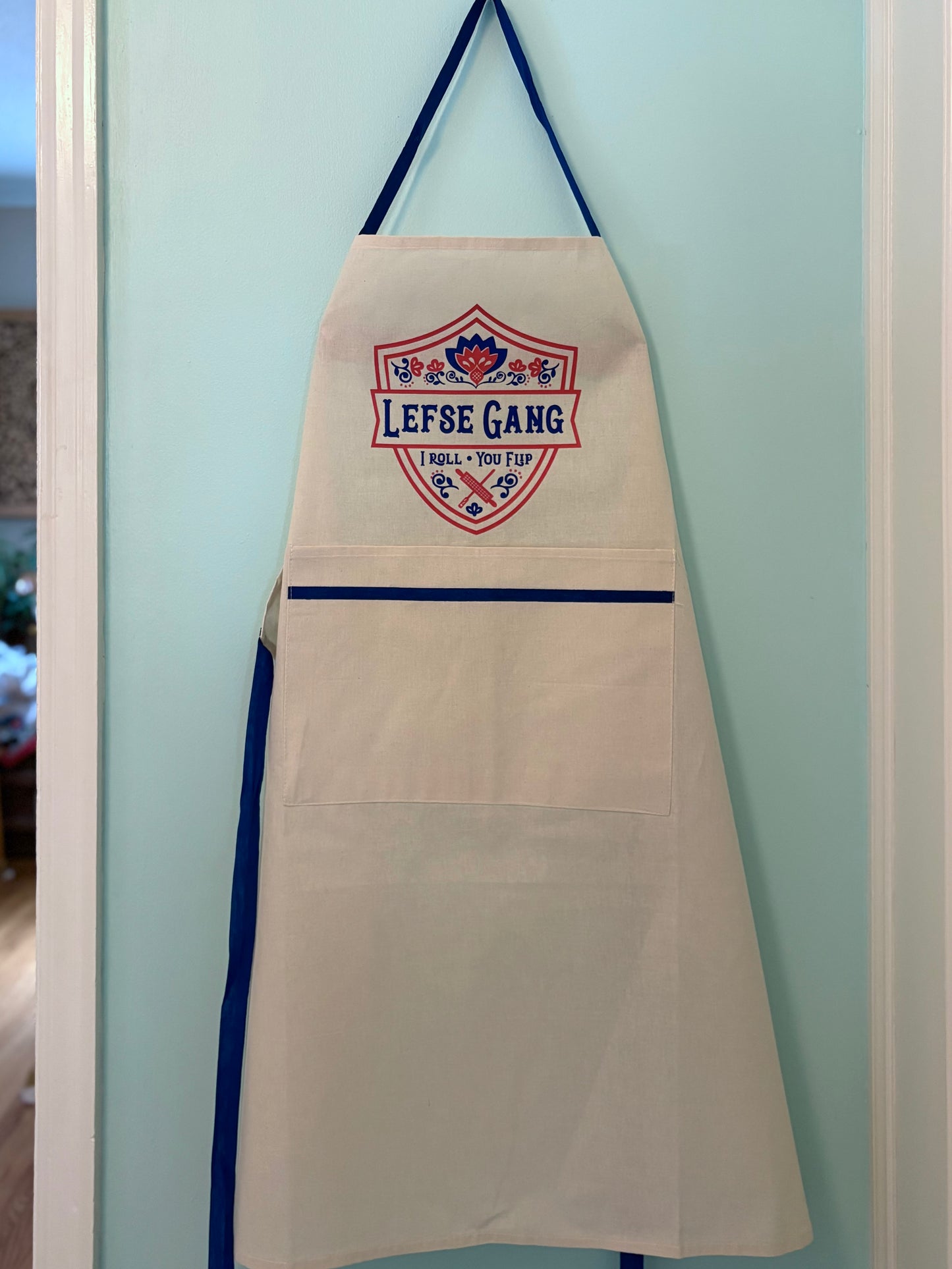 Apron - New Lefse Gang Blue and Red on Natural Flour Sack Cotton Apron with Pocket