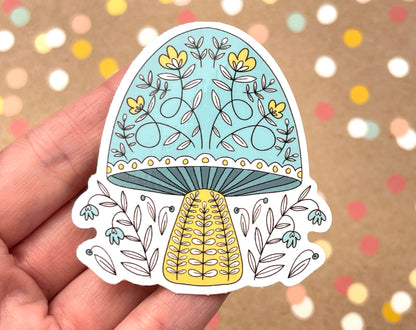 Scandi Folk Art Aqua Mushroom Sticker