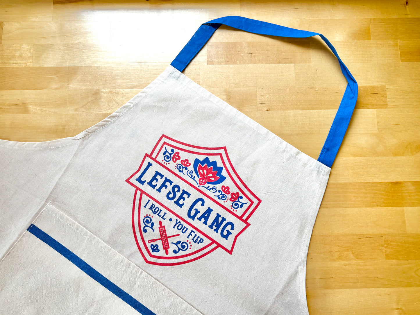 Apron - New Lefse Gang Blue and Red on Natural Flour Sack Cotton Apron with Pocket