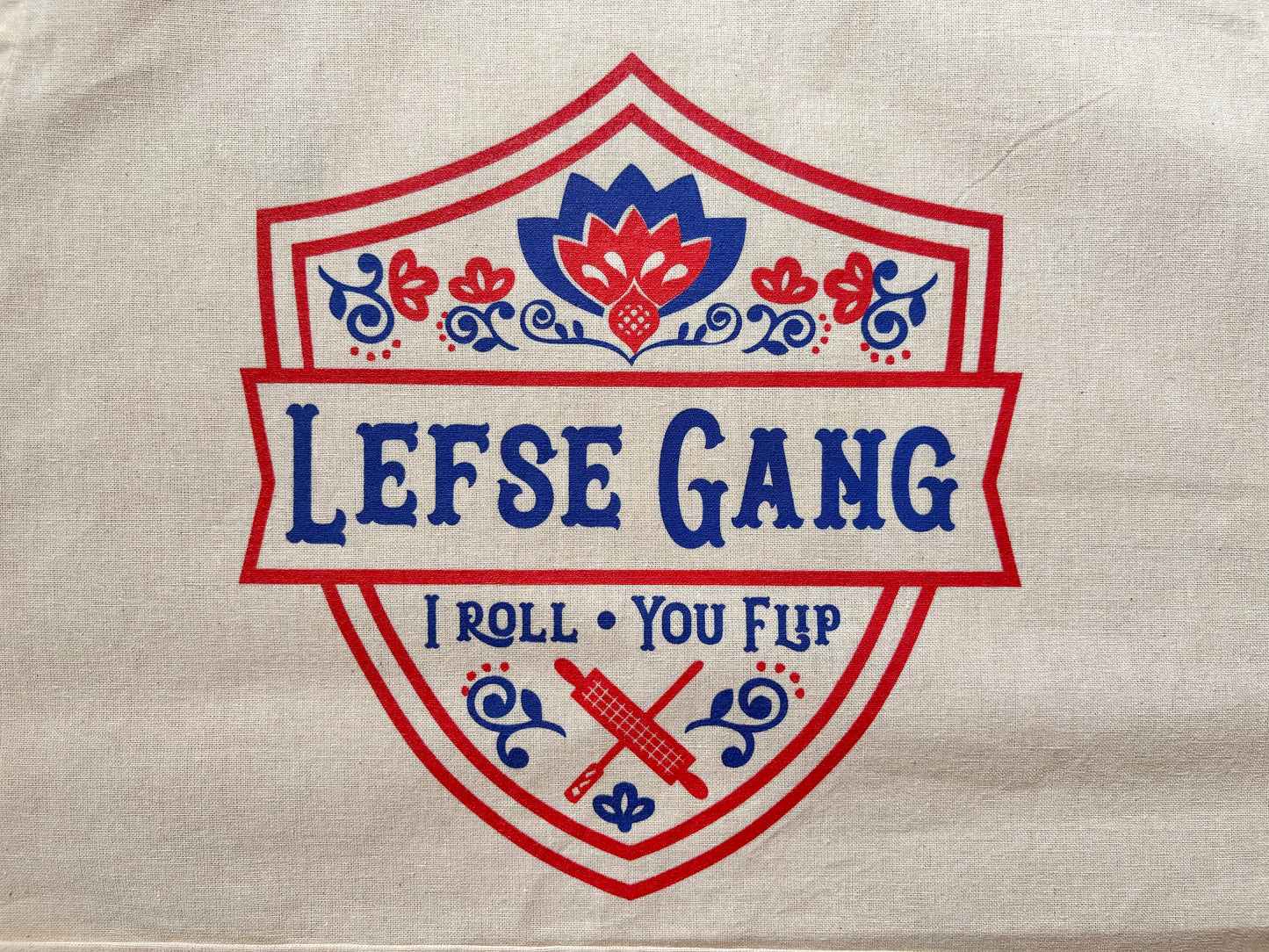 Apron - New Lefse Gang Blue and Red on Natural Flour Sack Cotton Apron with Pocket