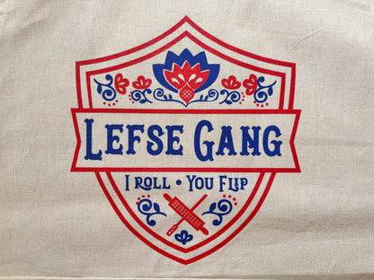 Apron - New Lefse Gang Blue and Red on Natural Flour Sack Cotton Apron with Pocket