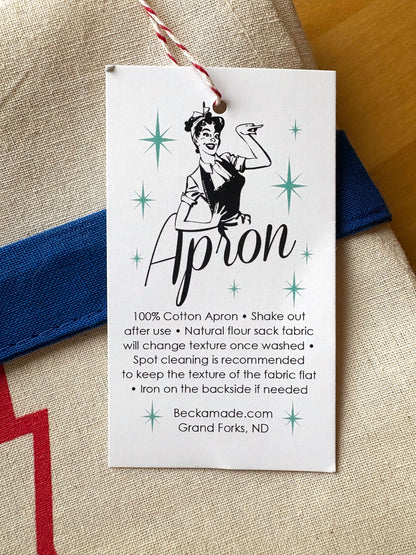 Apron - New Lefse Gang Blue and Red on Natural Flour Sack Cotton Apron with Pocket