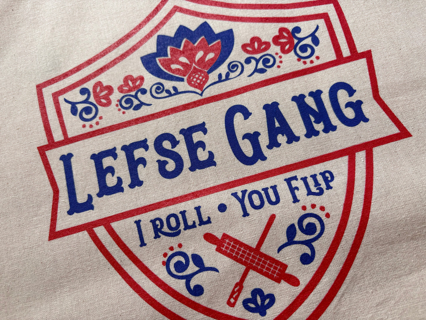 Apron - New Lefse Gang Blue and Red on Natural Flour Sack Cotton Apron with Pocket