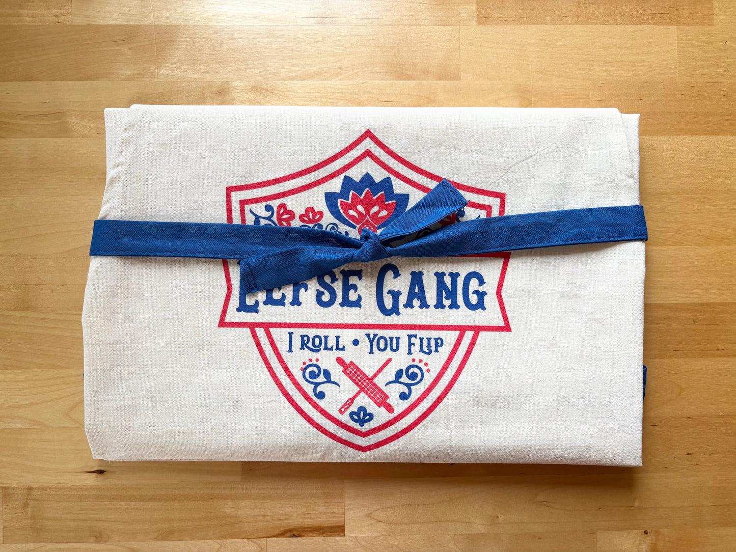 Apron - New Lefse Gang Blue and Red on Natural Flour Sack Cotton Apron with Pocket