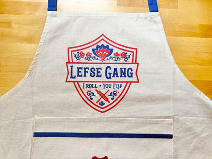 Apron - New Lefse Gang Blue and Red on Natural Flour Sack Cotton Apron with Pocket