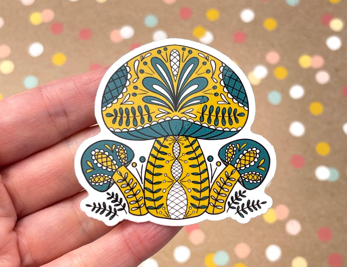 Scandi Folk Art Mustard & Teal Mushrooms Sticker