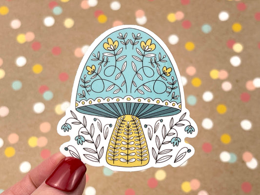 Scandi Folk Art Aqua Mushroom Sticker