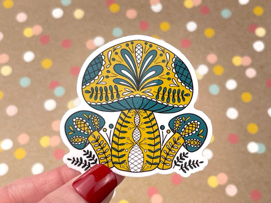 Scandi Folk Art Mustard & Teal Mushrooms Sticker