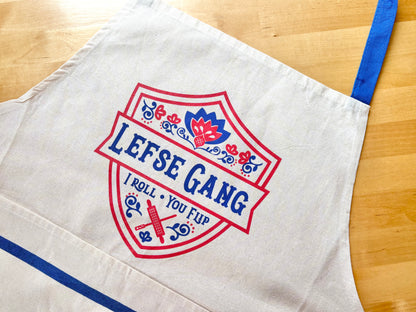 Apron - New Lefse Gang Blue and Red on Natural Flour Sack Cotton Apron with Pocket