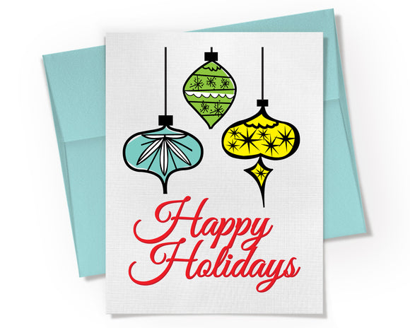 Card - Retro Happy Holidays Christmas Ornaments