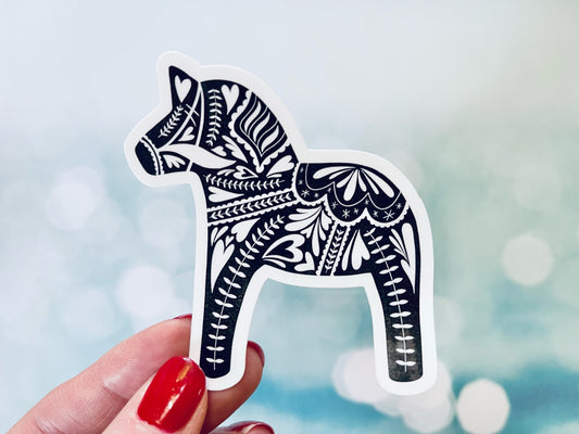 Swedish Dala Horse Hearts Black and White Sticker