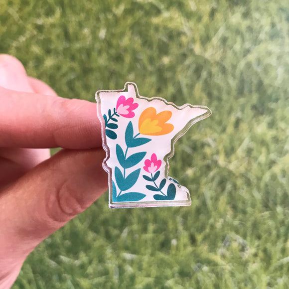 Acrylic Pin - Minnesota with Flowers