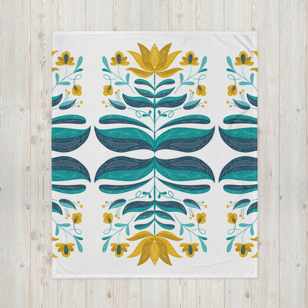 Mustard Yellow Scandi Flower Throw Blanket